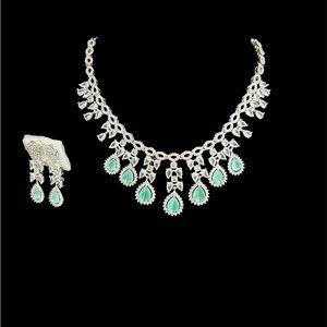 Pakistani Indian AD Elegant Silver and Mint Green Necklace Set